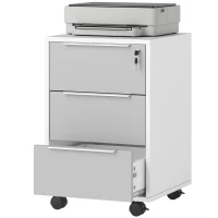 HOMCOM Schedario per Ufficio a 3 Cassetti con Chiavi di Sicurezza e 4 Ruote, in Legno, 40x40x63.5 cm, Bianco e Grigio(m-10)