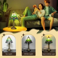 HOMCOM Tiffany-Style Table Lamp with Geometric Patterns, Handcrafted Antique Stained Glass Bedside Lamp for Living Room and Bedroom, E27 Socket, Green(m-6)