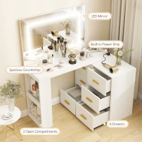HOMCOM Stație de Machiaj în Formă de L sau Alăturată cu Lumini LED Reglabile, 3 Culori, Toaletă de Machiaj cu Prize Electrice, Sertare Soft Close, Oglindă, Rafturi, pentru Dormitor, Alb(m-4)