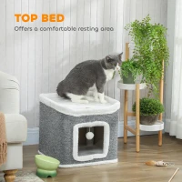 PawHut Cat House for Indoor Kittens, 2-Level Cat Cave Bed with Fluffy Balls, Top Bed, Kitten Barrel for Multi Kitties, Grey(m-6)