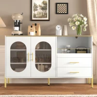 Credenza con 2 cassetti e 2 ante in vetro, ampio vano contenitivo, 140x38x90 cm, Bianco(m-1)