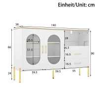 Credenza con 2 cassetti e 2 ante in vetro, ampio vano contenitivo, 140x38x90 cm, Bianco(m-3)