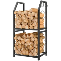 Outsunny Suport de Lemne din Oțel pe 2 Nivele cu 3 Cârlige Laterale 41x30x81cm Negru(m-10)