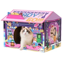 PawHut 2 in 1 Gaming Style Cardboard Cat House with Scratching Board & Catnip for Indoor Cats, Pink(m-10)