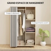 HOMCOM Armoire penderie vêtement dressing mobile 4 roulettes tringle à vêtements et étagères 80x40x128cm, effet bois naturel(m-4)