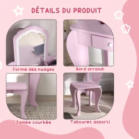 ZONEKIZ Coiffeuse pour enfant avec tabouret et miroir, table de maquillage avec tiroir et 2 compartiments, 55x36x86cm, rose(m-7)