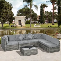 Outsunny Ensemble salon de jardin 7 pièces modulables table basse plateau verre trempé coussins déhoussables inclus gris(m-10)