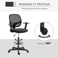 Vinsetto Chaise bureau ergonomique, chaise de dessin, repose-pieds, dossier en maille, hauteur réglable, 60x56x110-132cm, noir(m-6)