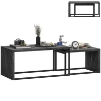 HOMCOM Set of 2 nesting coffee tables industrial design space-saving in black metal and dark grey marble effect(m-6)
