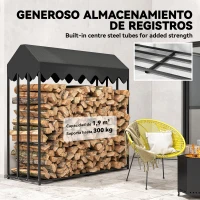 Outsunny Leñero Exterior Metálico de Chimenea Soporte para Leña con Cubierta Impermeable Carga 300 kg 186x70x185 cm Negro(m-4)