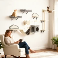 PawHut Étagères murales pour chat ensemble de meubles muraux 6 pièces hamac à bulles en acrylique niche hamac échelle beige(m-10)