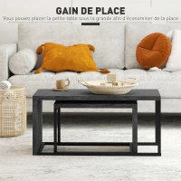 HOMCOM Lot de 2 tables basses gigognes design industriel encastrable en métal noir et effet marbre gris foncé(m-7)