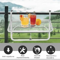 Outsunny Mesa Colgante de Balcón con Brazo Regulable y Altura Ajustable en 3 Posiciones Marco Metálico 60x54x50 cm Blanco(m-7)