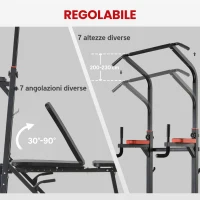 HOMCOM Power Tower Pieghevole, Stazione Fitness Multifunzione Regolabile in 7 Posizioni con Sbarra Trazioni, Dip Station, Pull UP Station e Panca Piana in Acciaio, per Home Gym Casa, Portata 150kg(m-5)