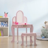 HOMCOM Coiffeuse pour enfant avec tabouret 3 miroirs et tiroir 3 à 6 ans 52 x 32 x 85 cm rose(m-10)