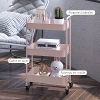 HOMCOM Desserte chariot de rangement en acier chariot de service à roulettes 3 plateaux ajourés 45 x 30,6 x 79 cm rose(m-6)