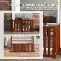 PawHut Barrière de sécurité chien pliable double face en bois, 4 panneaux avec porte, pieds de support, 205 x 60 cm, marron(m-5)