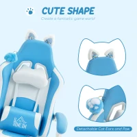 HOMCOM Scaun de gaming reclinabil cu suport pentru picioare și perne, 65x62x124 cm, alb și albastru(m-4)