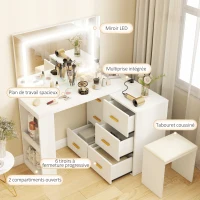 HOMCOM Coiffeuse avec miroir et tabouret, table de maquillage avec éclairage LED réglable, 6 tiroirs, 118 x 78 x 135 cm, blanc(m-4)