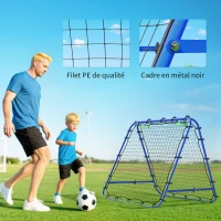 HOMCOM Filet de rebond double face 91 x 91 cm filet de rebond football pliable réglable dans 5 angles structure en acier bleu(m-6)