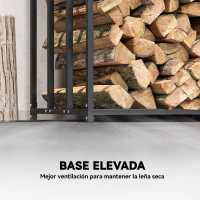 Outsunny Leñero Exterior Metálico de Chimenea Soporte para Leña con Cubierta Impermeable Carga 300 kg 186x70x185 cm Negro(m-6)