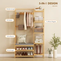 HOMCOM Garderobenständer mit Schuhregal, Kleiderhaken, Mantelständer, Sitzbank mit Kissen, für Flur, Eingangsbereich, Naturholz(m-4)