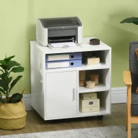 HOMCOM Support d'imprimante organiseur bureau caisson placard porte 3 niches + grand plateau panneaux particules blanc(m-10)