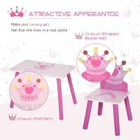 HOMCOM 3 Pcs Kids and Table Chair Set Princess & Crown Theme Home Furniture Pretty Gift Pink(m-7)