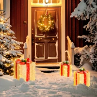 Outsunny 3-teiliges Weihnachts-Geschenkboxen-Set für Innen- und Außendekoration, mit 58 LED-Lichtern, Goldton(m-2)