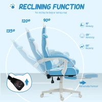 HOMCOM Scaun de gaming reclinabil cu suport pentru picioare și perne, 65x62x124 cm, alb și albastru(m-6)