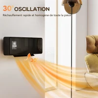 HOMCOM Chauffage mural en céramique 1000/2000W, radiateur électrique, ventilateur, thermostat, minuterie, 54x18,7x12,3cm, noir(m-6)