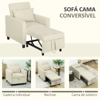 HOMCOM Sofá Cama Individual Poltrona com 4 Rodas Encosto Reclinável Almofada Extra e Assento Acolchoado 69x82,5x84 cm Bege(m-4)