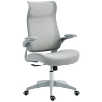 HOMCOM Silla de Oficina Ergonómica Giratoria de Malla con Soporte Lumbar Reposabrazos Abatibles Reposacabezas Basculante Gris(m-10)