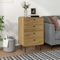 HOMCOM Commode 4 tiroirs, meuble de rangement étroit avec pieds en acier, coins arrondis, 60 x 39 x 91,5 cm, chêne(m-2)