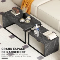 HOMCOM Lot de 2 tables basses gigognes design industriel encastrable en métal noir et effet marbre gris foncé(m-4)