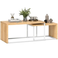 HOMCOM Set di 2 Tavolini da Salotto Struttura in Metallo per Soggiorno 90x48x42 cm e 59x42x36 cm Naturale e Bianco(m-7)