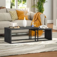 HOMCOM Set of 2 nesting coffee tables industrial design space-saving in black metal and dark grey marble effect(m-2)