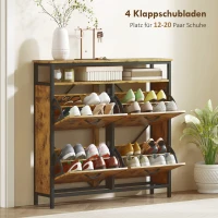 HOMCOM Schuhschrank mit 4 klappbaren Schubladen, schmales Design, offenes Regal, für 12-20 Paar Schuhe, Stahl, Braun(m-4)