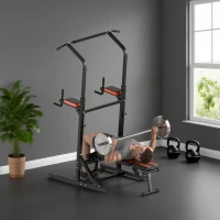 HOMCOM Power Tower Pieghevole, Stazione Fitness Multifunzione Regolabile in 7 Posizioni con Sbarra Trazioni, Dip Station, Pull UP Station e Panca Piana in Acciaio, per Home Gym Casa, Portata 150kg(m-8)