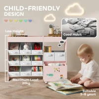 AIYAPLAY Kids Toy Storage Unit with 11 Bins, Cabinet, Top Shelves, 3 Stickers, for Nursery, Playroom, Pink(m-7)