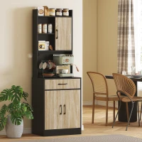 HOMCOM Küchenschrank mit Arbeitsfläche und Kabelloch, moderne Küchenkommode mit Schublade, 3 offene Regale, Naturholz, Schwarz(m-7)