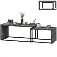 HOMCOM Set of 2 nesting coffee tables industrial design space-saving in black metal and dark grey marble effect(m-7)