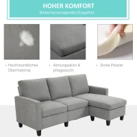 HOMCOM Ecksofa, 3-Sitzer-Sofa mit Bettkasten und Kissen, Eckcouch, L-Form Couch, Stoffbezug, Grau(m-4)