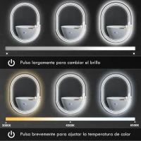 kleankin Espejo Baño con Luz 70x50 cm 3 Colores de Luz, Función Antivaho, Función de Memoria, IP44, Horizontal/Vertical(m-5)