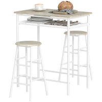 HOMCOM Ensemble table de bar avec tabourets, table à manger debout avec 2 chaises, étagère et pieds en métal, 80x50x90cm, blanc(m-1)