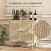 HOMCOM Buffet de cuisine meuble de rangement double portes avec 2 niveaux, façade en cannage 80 x 38 x 79 cm effet bois naturel(m-4)