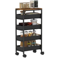 HOMCOM Carrello da cucina, su ruote a 5 livelli con 4 cassetti estraibili, scaffale portaoggetti, Nero(m-8)