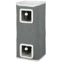 PawHut Torre per Gatti con 3 Casette, 3 Palline e Posatoio, in Legno, Tessuto e Peluche, 41x41x100 cm, Grigio e Bianco(m-10)