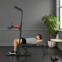 HOMCOM Power Tower Pieghevole, Stazione Fitness Multifunzione Regolabile in 7 Posizioni con Sbarra Trazioni, Dip Station, Pull UP Station e Panca Piana in Acciaio, per Home Gym Casa, Portata 150kg(m-9)
