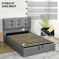 HOMCOM Lit coffre 140x190, cadre de lit double rembourré avec sommier à lattes en bois et rangement cach, sans matelas, gris(m-7)